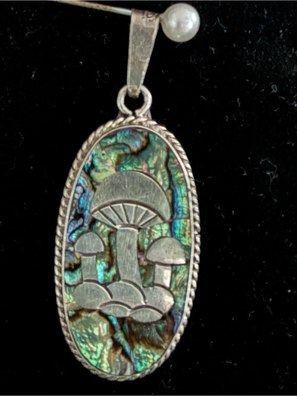 Taxco Iridescent Green and Blue Abalone Mushroom Pendant Necklace